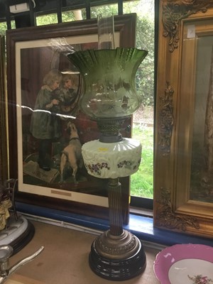 Lot 55 - Late Victorian brass oil lamp with green glass shade
