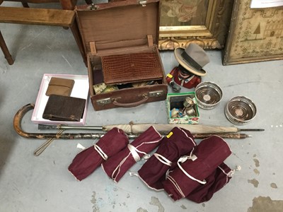 Lot 4 - Collection of plated cutlery, walking stick, umbrella, money box and other various items