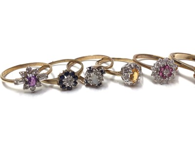 Lot 23 - Seven 9ct gold gem set cluster rings