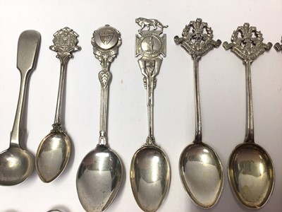 Lot 34 - Collection of silver and plated military related teaspoons, WWII pocket watch, chain, silver fobs etc