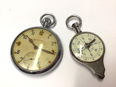 Lot 34 - Collection of silver and plated military related teaspoons, WWII pocket watch, chain, silver fobs etc