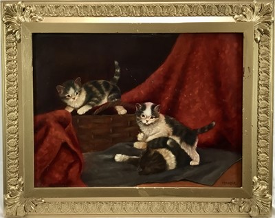 Lot 358 - Gaborg Kittinger, oil on panel - Kittens at play, signed, 30 x 40cm, in gilt frame