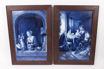 Lot 190 - Pair large good quality late 19th century Delft pottery blue and white wall plaques with hand painted scenes