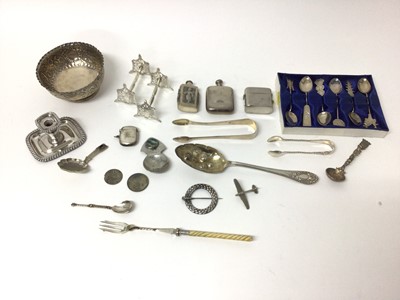 Lot 210 - Miscellaneous group of silver and plated wares to include an Art Deco silver flask, Burmese white metal flask, pair of Victorian Scottish silver knife rests, Victorian silver bowl, silver vesta cas...