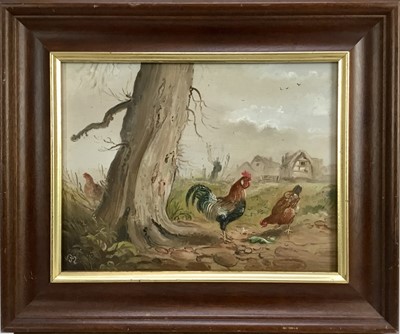 Lot 149 - John F Mace, oil on board - A landscape with chickens by a tree, farm buildings beyond, monogrammed, 16 x 21cm, framed