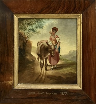 Lot 150 - Francis William Topham (1808-1877), oil on panel, A young peasant girl and her donkey on a hilly track, in rosewood frame, 16.5 x 15.4cm