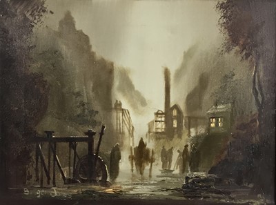 Lot 115 - Singer Jones, oil on canvas - Welsh mining scene in the early morning, signed, 30 x 40cm, framed