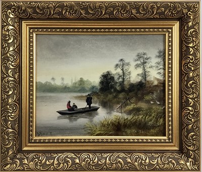 Lot 113 - J Swift, oil on board - river landscape with figures in a punt, 20 x 25cm, framed