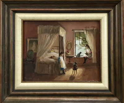 Lot 197 - Deborah Jones (1921-2012), oil on board - bedroom scene with children and cats by a four poster bed, signed, 19 x 24cm, in wooden frame