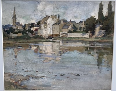 Lot 66 - Robert Hope (1869-1936) watercolour, buildings beside a river, possibly Edinburgh, signed