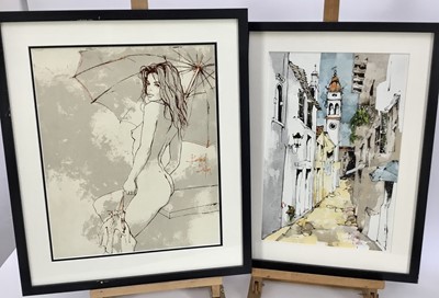 Lot 318 - Bernard Dufour (1922-2016) French, print on board, seated female nude with parasol, mounted in glazed frame, 36 x 45cm, together with another of a French town, 29 x 44cm (2)