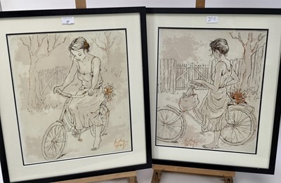 Lot 587 - Andre Bafi (Bernard Dufour) (1922-2016) French, oil on board, young lady on bicycle, mounted in glazed frame, 36 x 43cm together with another similar 36 x 45cm (2)