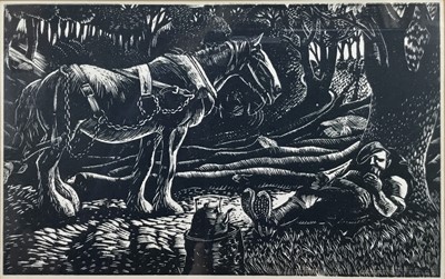 Lot 43 - 20th century English School woodblock print of a farmer at rest with Shire Horse, 16cm x 10cm in glazed frame