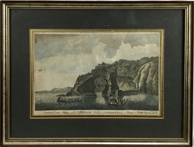 Lot 126 - 18th century hand coloured engraving - 'A Fortified town called Ahippah,.. Tolaga,.. New Zealand', pub. London, possibly 1785, by Alexander Hogg, 33cm x 22cm, in glazed frame