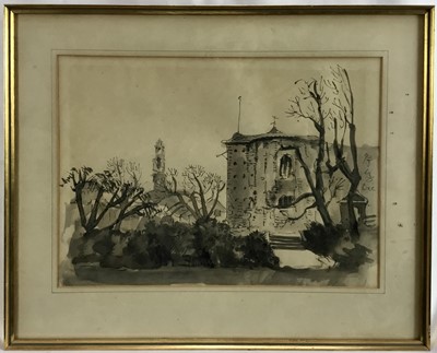 Lot 399 - Mid 20th century wash picture depicting Colchester castle, signed and dated '48, 26 x 37cm, glazed frame