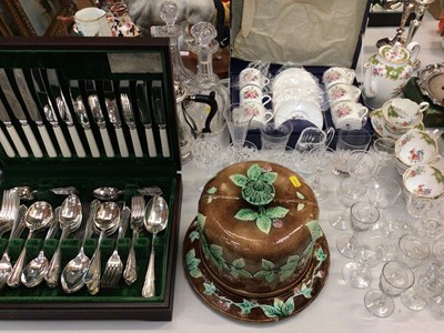 Lot 301 - Majolica cheese dome, antique glassware, Royal Worcester and Tuscan china coffee sets and silver plate