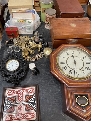 Lot 143 - Sundries including Victorian mahogany wall clock, teapot stand, boxes, tea cards and other items