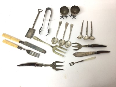 Lot 55 - Three Danish silver teaspoons, three South American 'totem pole' spoons, pair of unusual Victorian novelty silver plated egg cups and other plated items