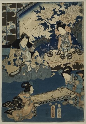 Lot 100 - Pair of Kunisada prints and another - 24cm x 35cm in glazed frames