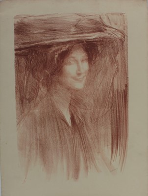Lot 1176 - Albert de Bellaroche (1864-1944), four lithographs - female portraits, one signed, unframed, smallest 56cm x 38cm, largest 70cm x 50cm