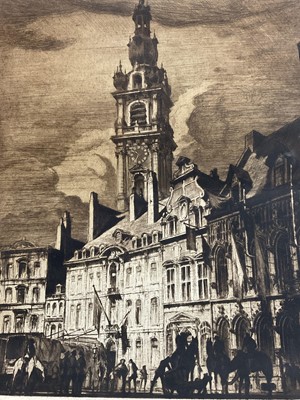 Lot 65 - Continental school, early 20th century etching - figures before town buildings, indistinctly signed