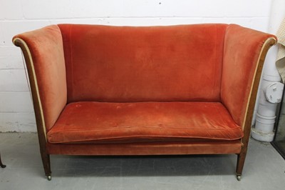 Lot 1296 - 19th century high back sofa upholstery in rust velvet with mahogany frame on square taper legs terminating on brass casters