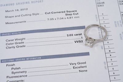Lot 502 - Royal Asscher Cut diamond single stone ring, 2.02cts, I colour grade and VVS2 clarity in platinum setting