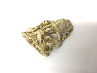 Lot 14 - Unusual antique Japanese ivory model of a tortoise and a group of frogs, measuring 7cm long