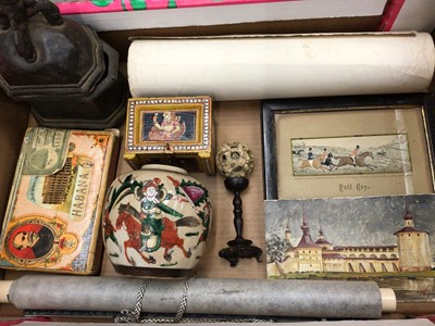 Lot 326 - Chinese famille verte ginger jar, Chinese scroll, Chinese ivory puzzle ball and stand, Persian miniature chest of drawers Etc