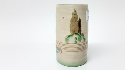 Lot 1019 - Clarice Cliff cylindrical vase with ribbed body, decorated with flowers and trees