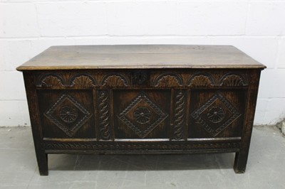 Lot 1288 - Late 17th century carved oak coffer with carved frieze and three carved panels