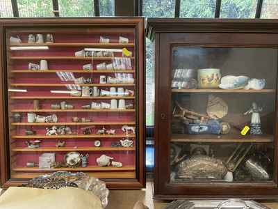 Lot 205 - Two wall hanging curiosity cabinets, silver plate, hand puppet and other items