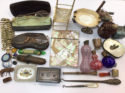 Lot 430 - Three Victorian coloured glass scent bottles, two pairs old spectacles, mother of pearl card case, small carnelian seal and other items of virtu