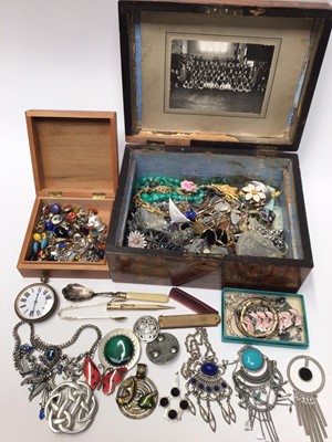 Lot 89 - Victorian parquetry inlaid work box containing vintage costume jewellery and bijouterie
