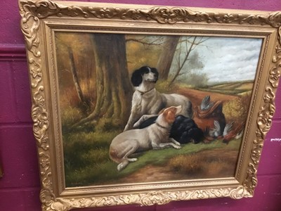 Lot 217 - Early 20th century oil on canvas, gun dogs, indistinctly signed