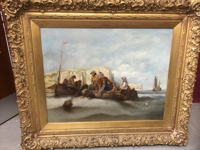 Lot 216 - 19th century Continental school, oil on canvas, figures on a boat, in period frame, together with two other pictures