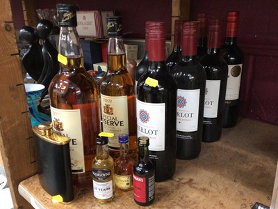 Lot 582 - Two bottles of Tesco Special Reserve Whisky, together with seven bottles of red wine and alcohol miniatures