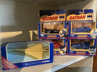 Lot 259 - Diecast - four Corgi Batman vehicles together with a Corgi Concorde, all boxed