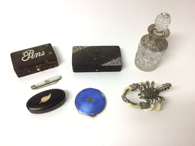 Lot 197 - Two silver mounted tortoiseshell boxes, a silver and guilloche enamel RAF compact, a yellow metal inlaid tortoiseshell snuff box, a silver-bladed mother of pearl knife, a silver-mounted cut glass b...