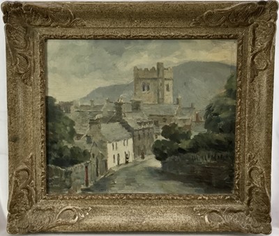 Lot 109 - Isabella Bromley-Davenport oil on canvas - possibly st. Cadfan's Church, Tywyn
