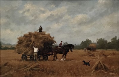 Lot 108 - James Wright (b.1935) oil on canvas - hay making, 44cm x 29cm, framed