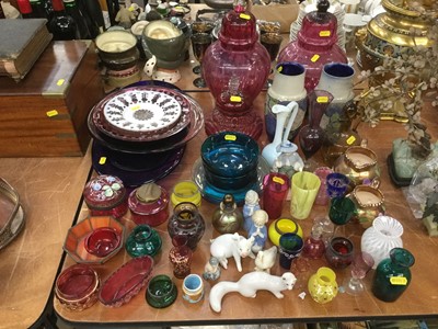 Lot 349 - Pair of large Cranberry glass jars and covers, together with other Victorian and later glassware and ceramics to include a pair of Royal Doulton stoneware vases.