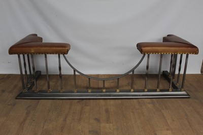 Lot 1340 - Good antique style steel and brass club fender with brown leather studded seats, on spiral and sqaure pillar supports