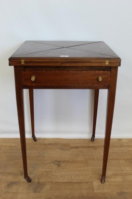 Lot 1010 - Edwardian inlaid mahogany envelope top card table with single drawer, on square taper legs terminating on castors