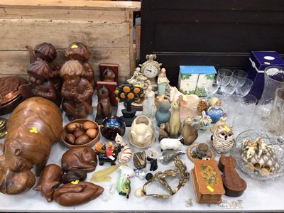 Lot 443 - Collection of glassware, carved wooden Hippo, other wooden figures, ornaments and sundry items (qty)