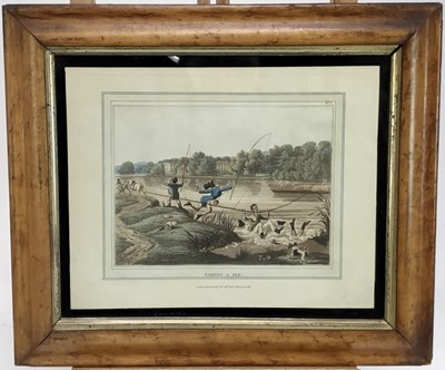 Lot 979 - Set of four early 19th century hand coloured engravings - four fishing scenes, pub. McLean in glazed maple frames, overall 38.5cm x 33cm