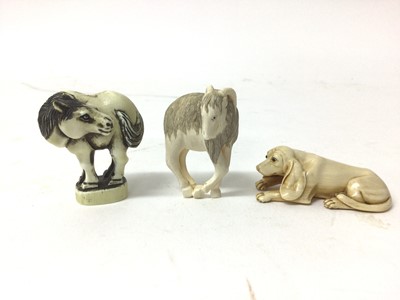 Lot 39 - Group of three 19th century Japanese ivory netsuke - horse, goat and a dog