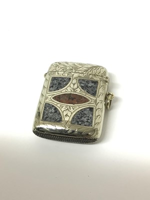Lot 191 - Late 19th century Scottish vesta case with engraved decoration, inlaid with pink and grey granite