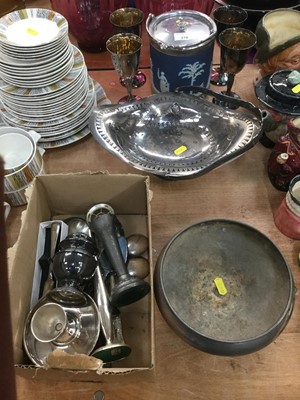 Lot 378 - Wedgwood biscuit barrel with silver plated mounts, together with a group of silver plated flatware and other silver plate.