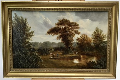 Lot 168 - English School, 19th century, pair of oils on board - rural landscapes with figures beside rivers, 28.5cm x 46cm, in gilt frames
